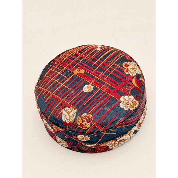 Unbranded Other - Vintage Chinese Silk Brocade Round Trinket Jewelry Box Floral Navy Red 3 Inch